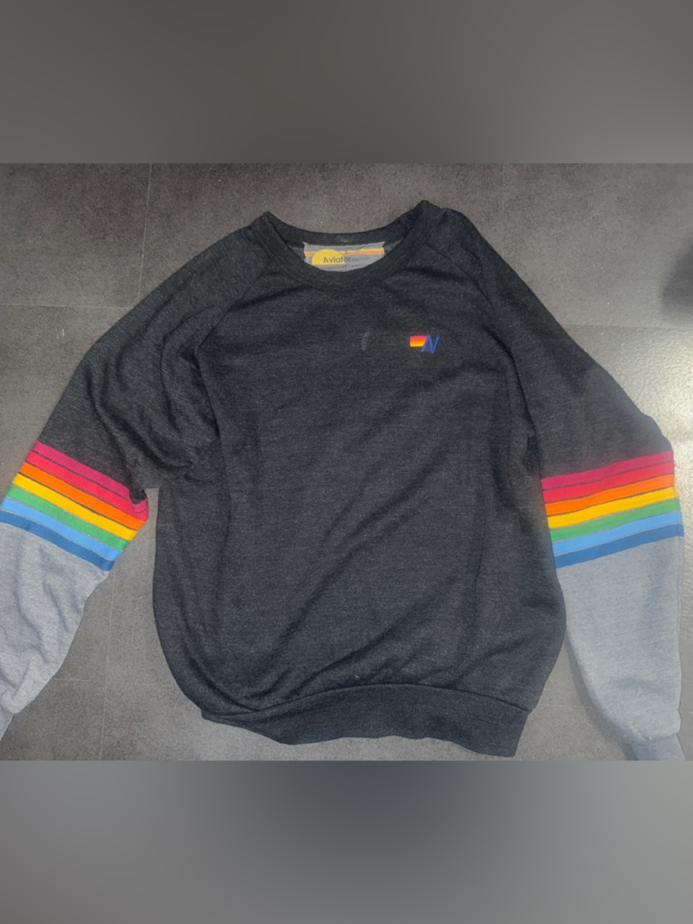 Aviator Nation Black Crewneck Sweater with Rainbow Sleeve Stripes